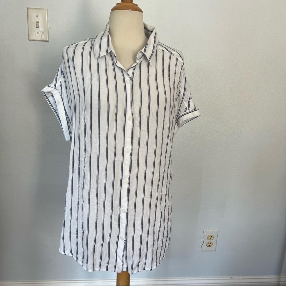 beachlunchlounge‎ White Striped Short Sleeve Top S